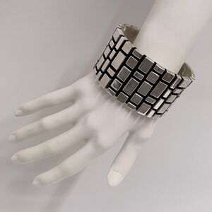 Sterling VERY WIDE Geometric Mosaic Mexico Cuff Bracelet 104 Grams 1 3/4" Wide